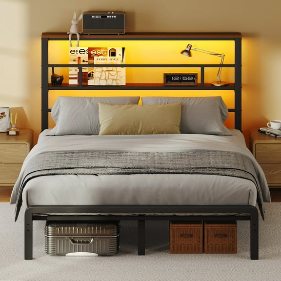 Bed Frame, Queen-Size with 2 Storage Tiers, 49.2-Inch Tall LED Teadboard Frame, No Box Spring Needed and Easy Assembly, Under Bed Storage, Black