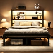 Patbrela Queen Size Bed Frame with 49.2-Inch LED High Headboard and 2-Tier Storage, Metal Platform Bed, Black