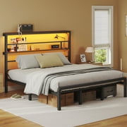 HOMSHADE Queen Size Bed Frame with 49.2-Inch LED High Headboard and 2-Tier Storage, Metal Platform Bed, Black