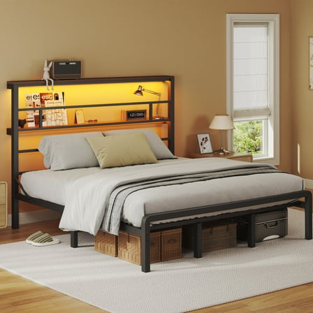HOMSHADE Queen Size Bed Frame with 49.2-Inch LED High Headboard and 2-Tier Storage, Metal Platform Bed, Black