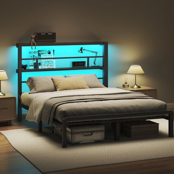 Patbrela Queen Size Bed Frame with 49.2-Inch LED High Headboard and 2-Tier Storage, Metal Platform Bed, Black
