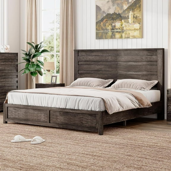 VanAcc Queen Size Bed Frame with 49" Tall & Full-Panel Headboard, Farmhouse Platform Bed with Wood Slats & Metal Bed Frame, Noise Free