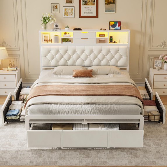 Queen Size Bed Frame with 5 Storage Drawers and Headboard,with LED Lights & Charging Station Velvet Upholstered Queen Platform Bed, No Noise,Beige