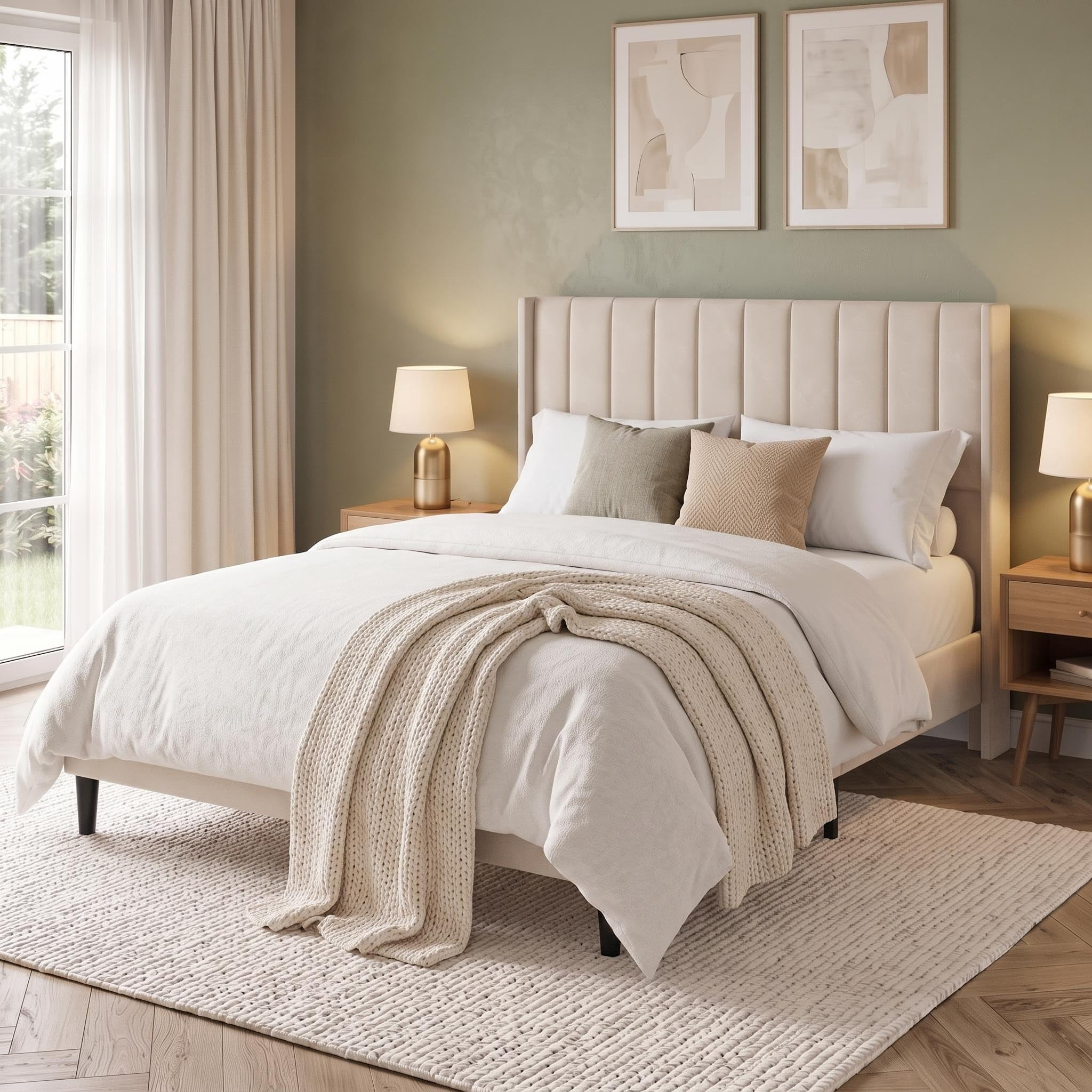 Queen Frame Queen Size Bed Frame with 52'' Tall Wingback Headboard, Platform Bed ...