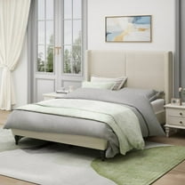 Queen Size Bed Frame with 55.5 Inch High Back Upholstered Headboard, Boucle Fabric Platform Bed with 12 Slat Support, No Box Spring Needed, Beige