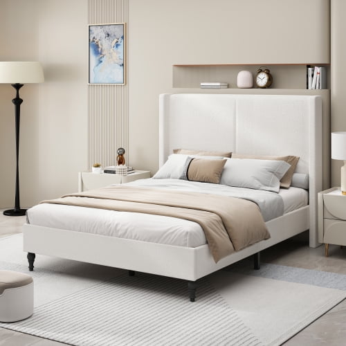 Queen Size Bed Frame with 55.5 Inch High Back Upholstered Headboard, Boucle Fabric Platform Bed with 12 Slat Support, No Box Spring Needed, White