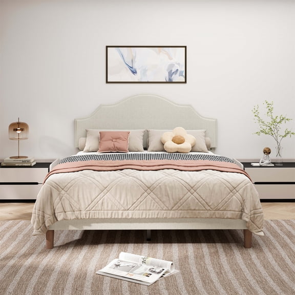 Queen Size Bed Frame with Adjustable Headboard, Linen Fabric Padded, Modern Simple Style, No Box Spring Needed, Easy Assembly, Beige