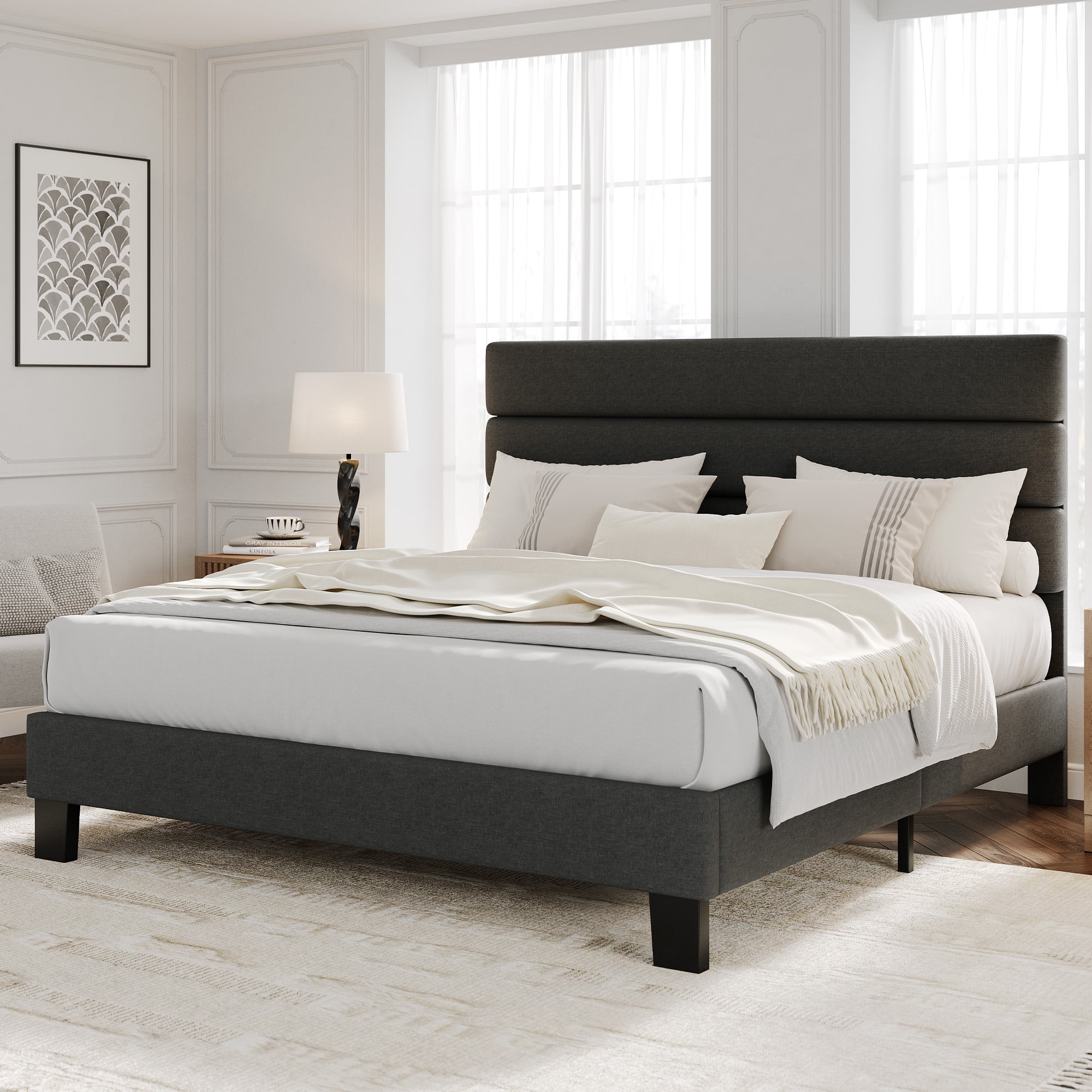 Queen Size Bed Frame with  Adjustable Headboard, Linen Upholstered Platform Bed Frame with Wooden Slats Support, No Box Spring Needed,