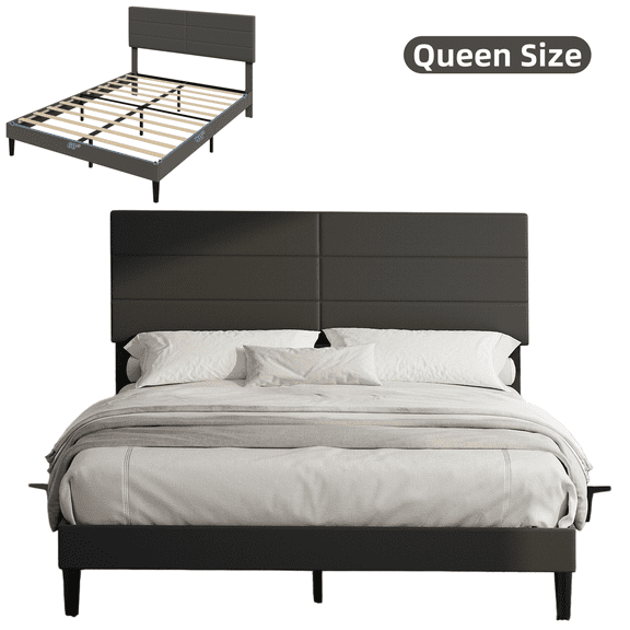 Queen Size Bed Frame with Adjustable Headboard, Upholstered Platform Bed, No Box Spring Needed, Noise-Free, Easy Assembly (Dark Grey)