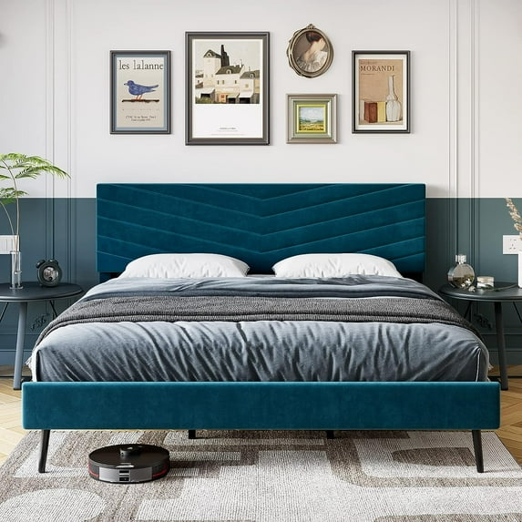 Queen Size Bed Frame with Adjustable Headboard, Velvet Upholstered Platform Bed with Solid Wood Slats Support, No Box Spring Needed, Noise-Free