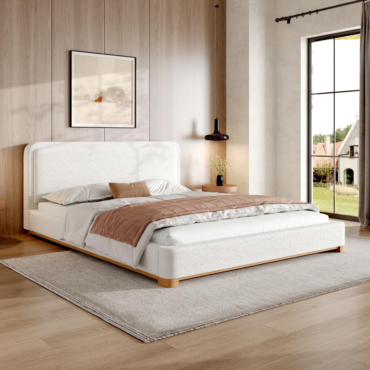 Queen Size Bed Frame with Boucle Upholstered Curved Headboard & Solid Wood Base, Platform Bed for Bedroom, White