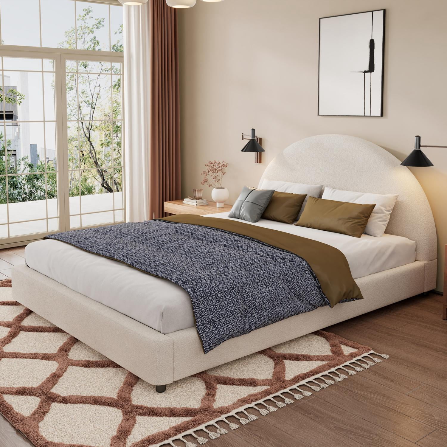Queen Size Bed Frame with Boucle Upholstered Round Curved Headboard, Platform Bed with Wood Slats for Bedroom, White