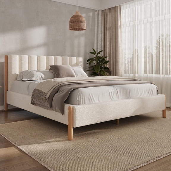 Queen Size Bed Frame with Boucle Upholstered Thick Headboard & Solid Wood Legs, Platform Bed with Vertical Stripes Design for Bedroom, White