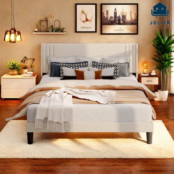 Jolifa Queen Bed Frame with Wingback Upholstered Headboard,Beige