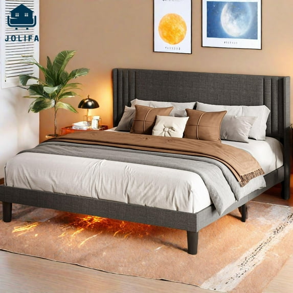 Jolifa Queen Bed Frame with Wingback Upholstered Headboard,Wood Slats,Dark Grey