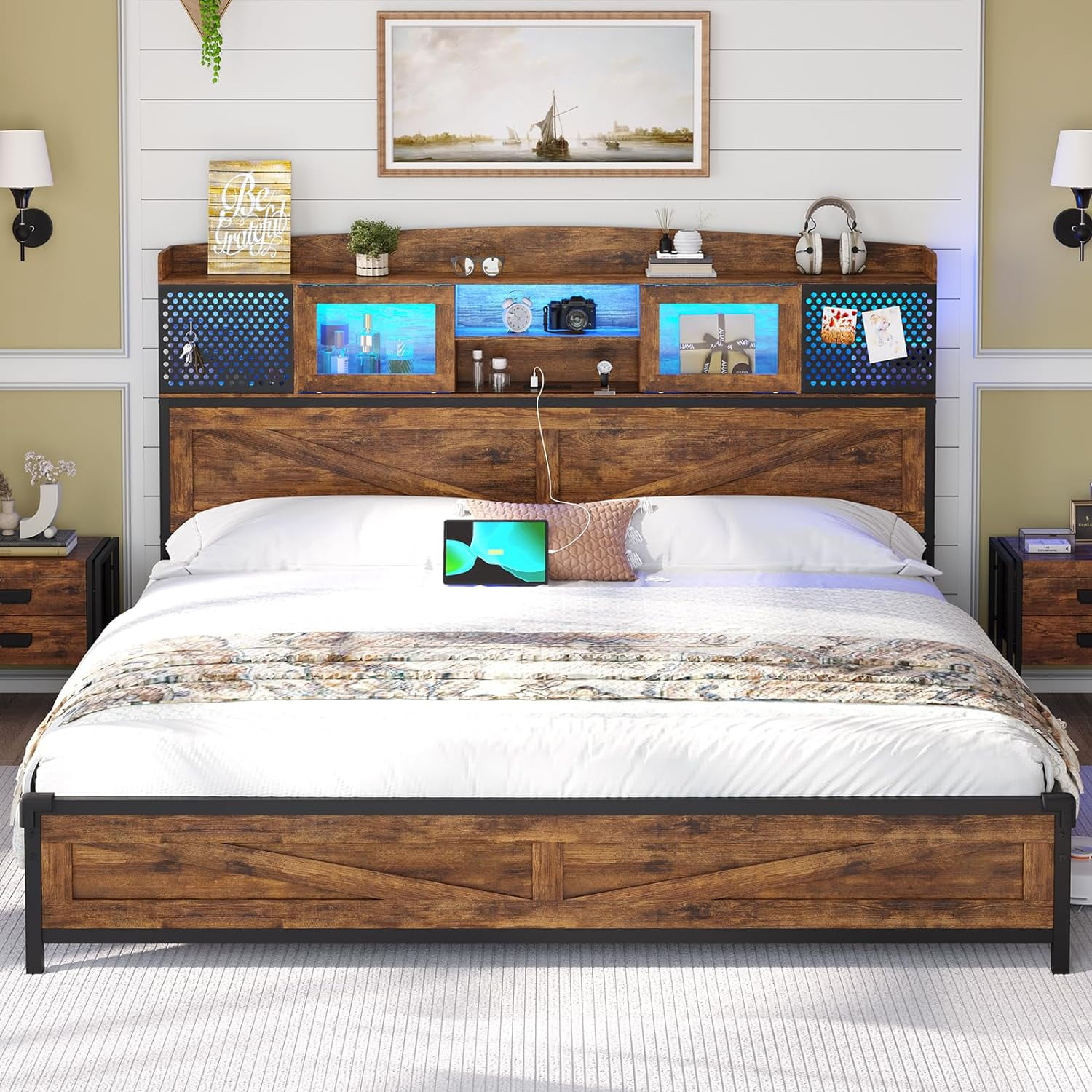 Queen Size Bed Frame with Charging Station&LED Lights&Storage Headboard ...