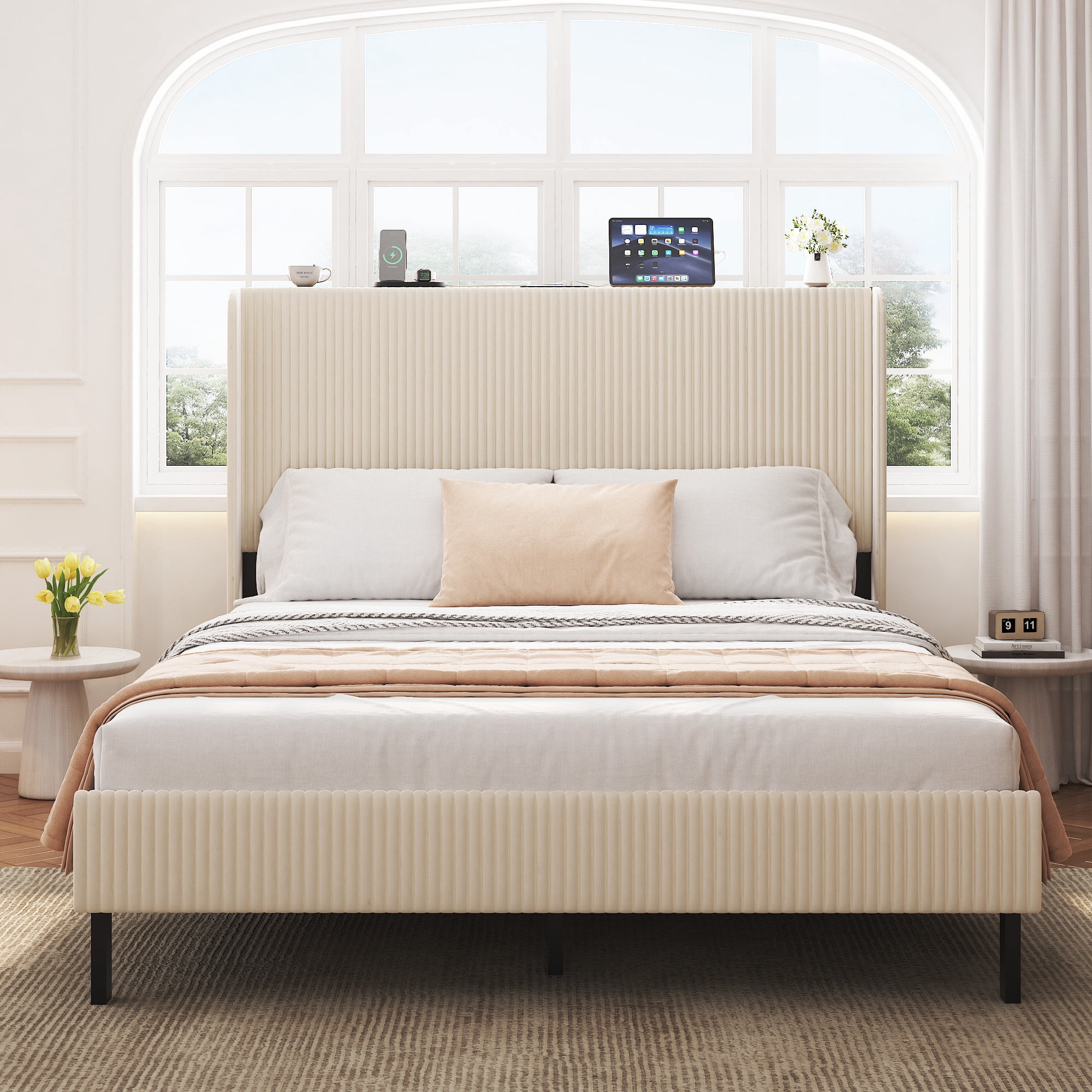 Queen Size Bed Frame with Charging Station, Upholstered Platform Bed with Wingback Headboard, No Box Spring Needed, Noise Free, Easy Assemble, Beige