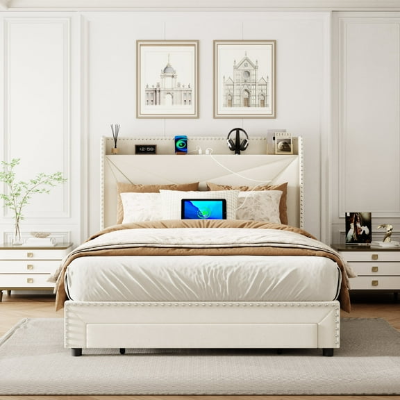 VIPLOV Queen Size Bed Frame with Charging Station and Storage Drawers, Platform bed frames , Easy Assembly, Noise-Free, No Box Spring,black