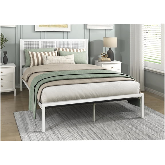 Queen Size Bed Frame with Coastal Woven Headboard, White Metal Platform Bed with Underbed Storage Space, Easy Assembly, All-in-One Box Delivery