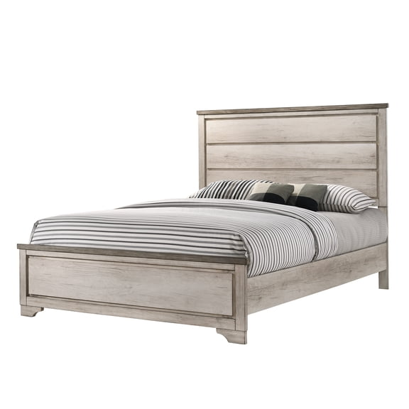 Queen Size Bed Frame with Distressed Brown Headboard, Coastal Farmhouse Cottage Style Panel Design for Modern Bedroom