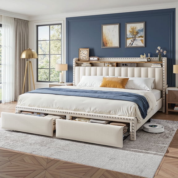 Queen Size Bed Frame with Headboard Bed Frame with 2 Drawers Bed Frame with Storage,Beige