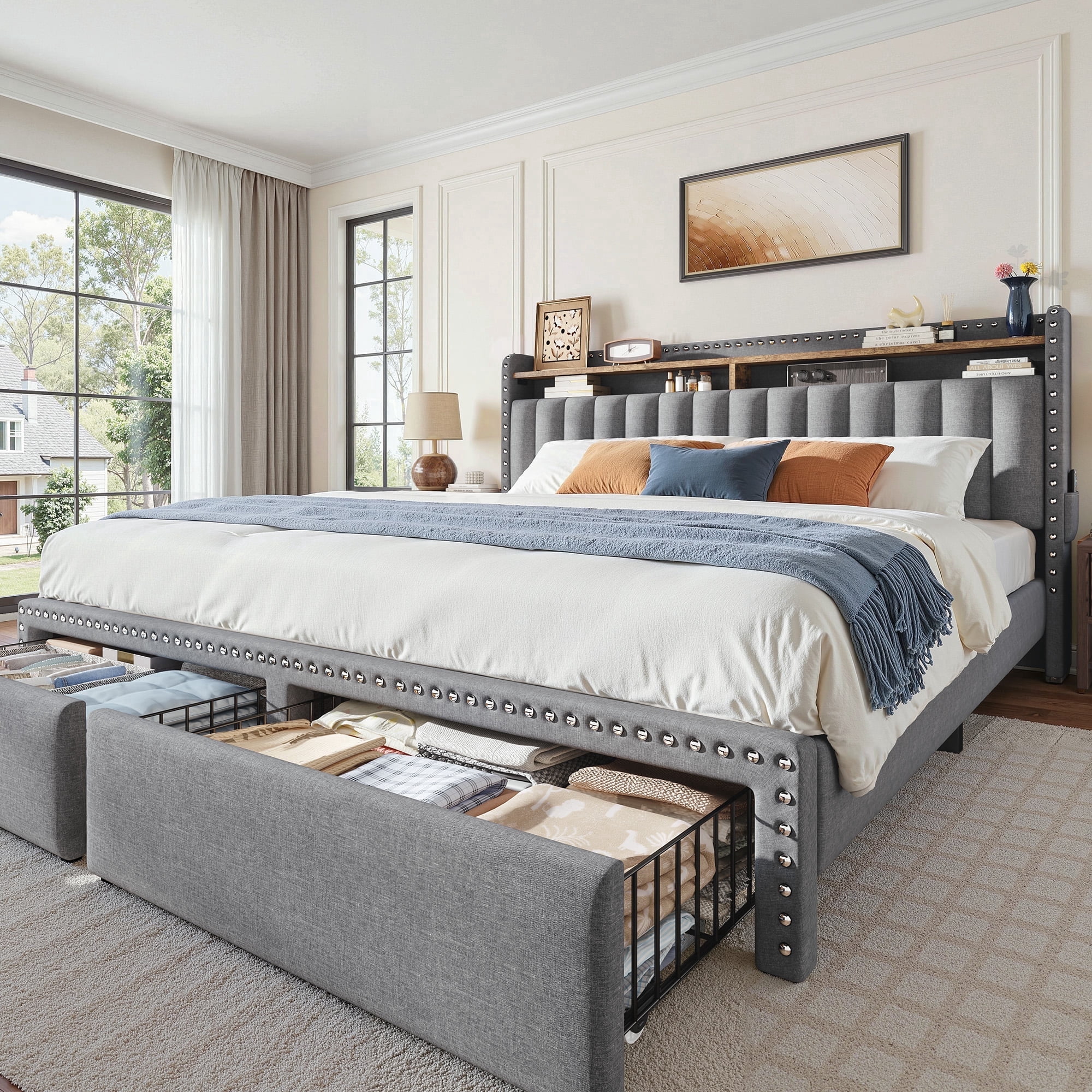 Queen Size Bed Frame with Headboard Bed Frame with 2 Drawers Bed Frame with Storage,Gray