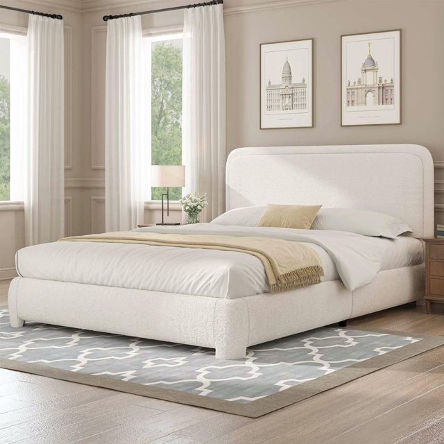 Queen Size Bed Frame with Headboard, Boucle Upholstered Platform Bed
