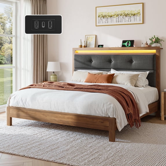 Queen Size Bed Frame with Headboard & Charging Station & LED Lights Upholstered Bed Frame with Storage Platform Wood Bed