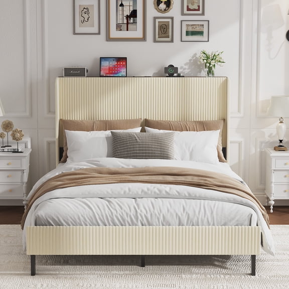 Queen Size Bed Frame with Headboard & Charging Station,Upholstered Platform Queen Bed Frames,Noise Free,Easy Assemble,Beige