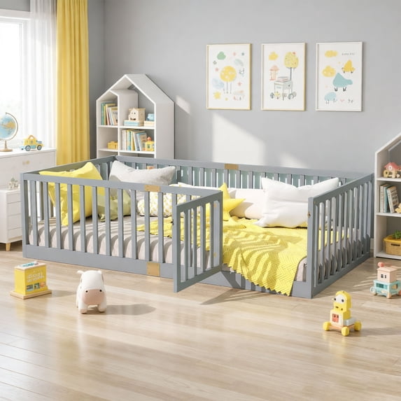 UHOMEPRO Twin Floor Bed with High Fence & Door, Montessori Floor Bed with 21.5" Safety Guardrails, Solid Wood Twin Beds Frame for Kids Girls, Boys, with Slats, Grey