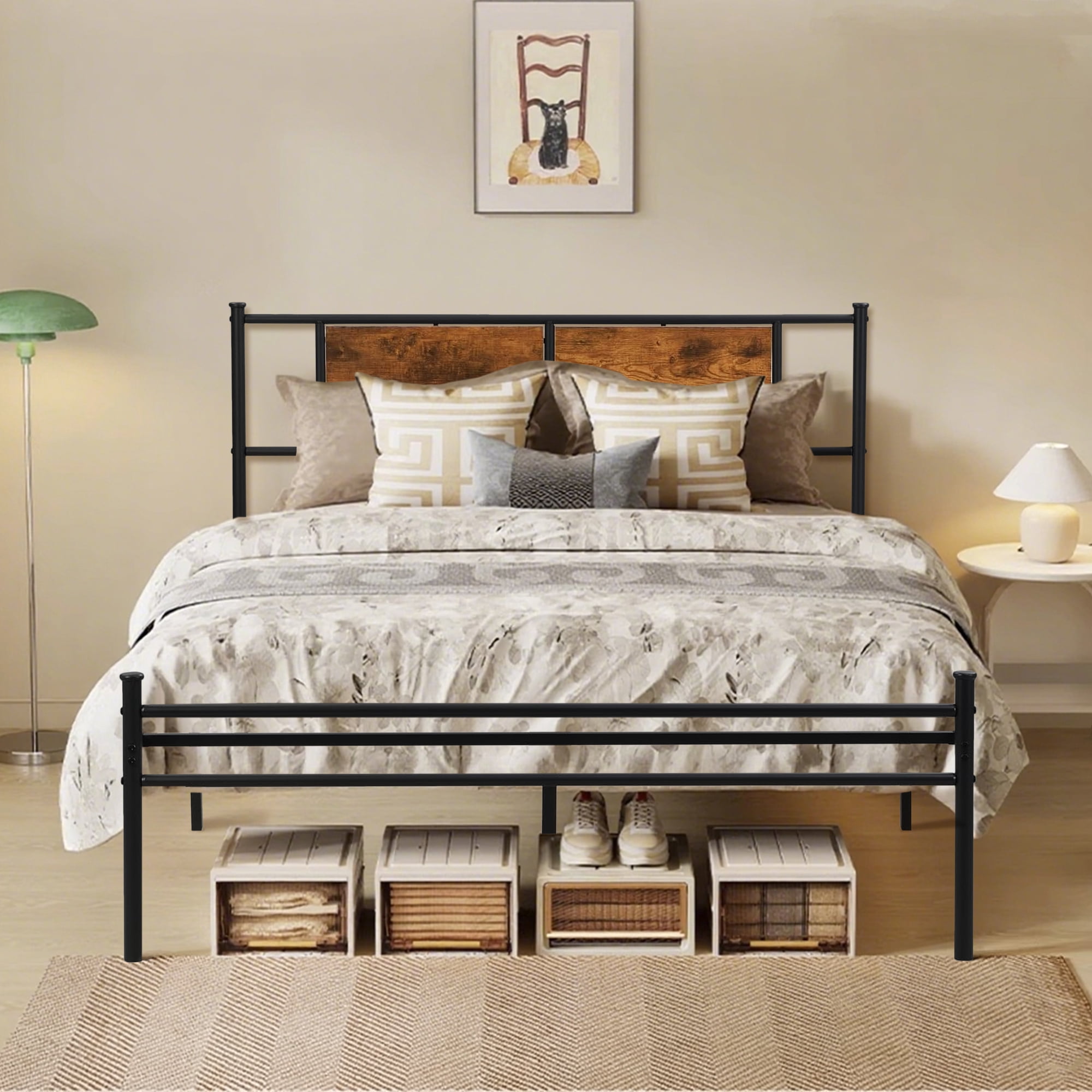 Queen Size Bed Frame with Headboard, Metal Platform Bed Frame with Metal Slats Support, Easy Assembly, Black