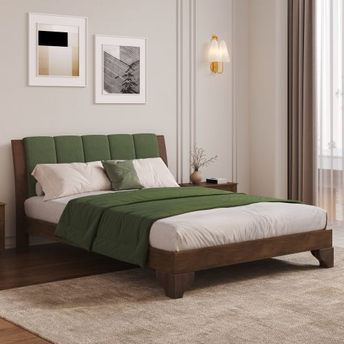 Queen Size Bed Frame with Headboard, Mid Century Modern Platform Bed with Wood Slats, Premium Pine Wood Bed Frame in Walnut and Green