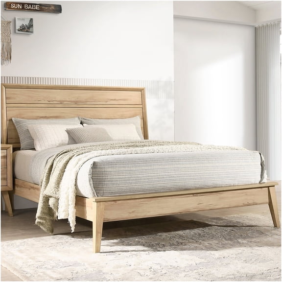 Queen Size Bed Frame with Headboard, Modern Platform Bed, Oak Finish Wooden Bed, No Box Spring Needed
