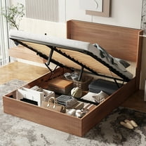 Queen Size Bed Frame with Hydraulic Lift Storage, Platform Bed with Undulating Headboard & Ample Underbed Storage, No Box Spring Needed, Rustic Brown