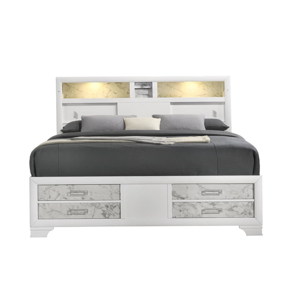 Queen Size Bed Frame with LED Headboard, Storage Drawers, USB-C Charging, Bluetooth Speakers, White Wood Platform Bed, No Box Spring Required