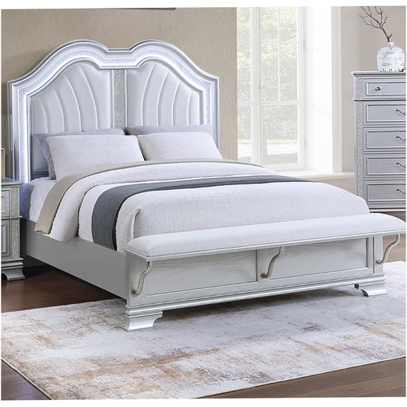 Queen Size Bed Frame with LED Headboard and Storage Bench, Upholstered Platform Bed with Modern Light Gray Finish for Bedroom