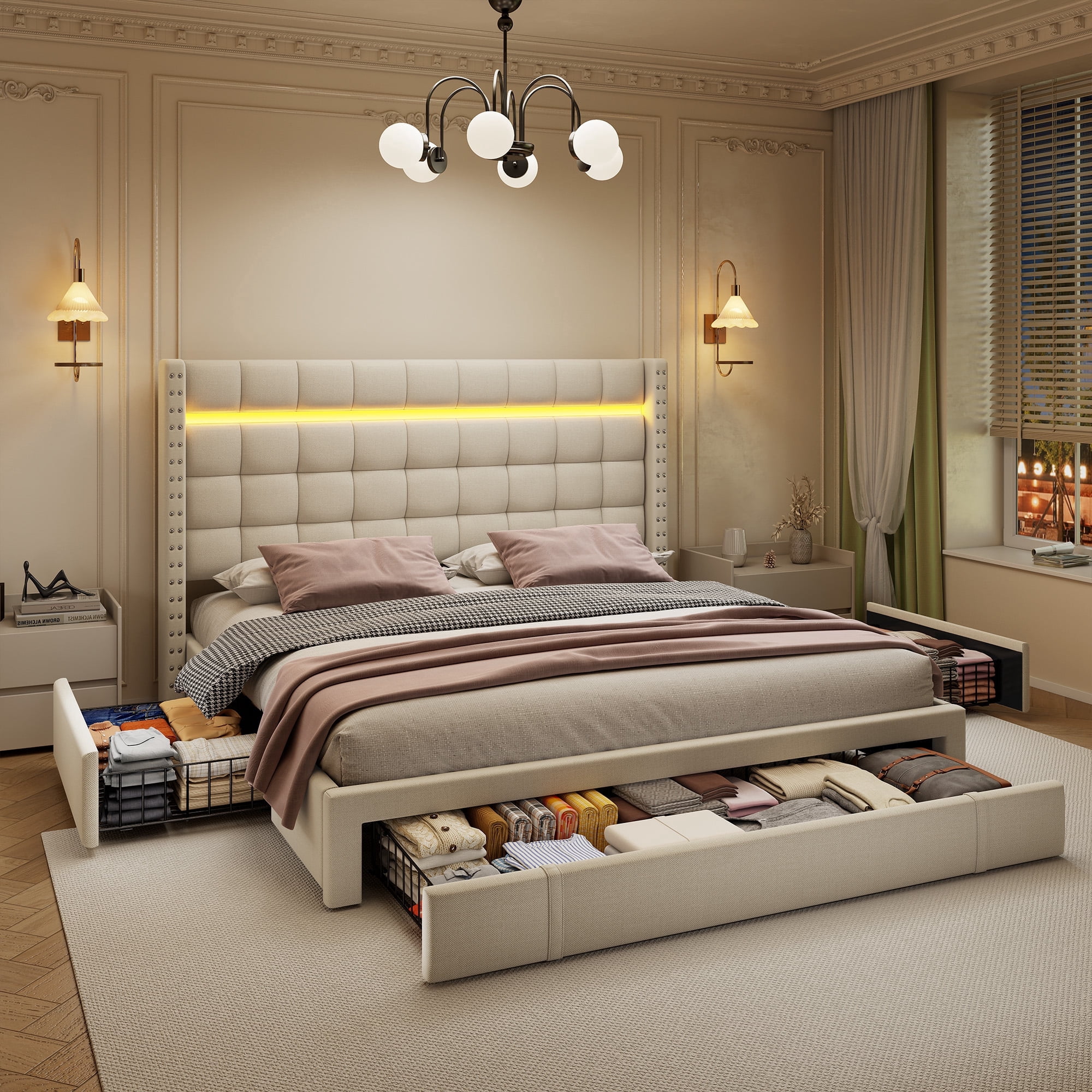 Queen Size Bed Frame with LED Light Upholstered Bed Frame with 3 Storage Drawers Bed Frame with Adjustable Headboard,Beige