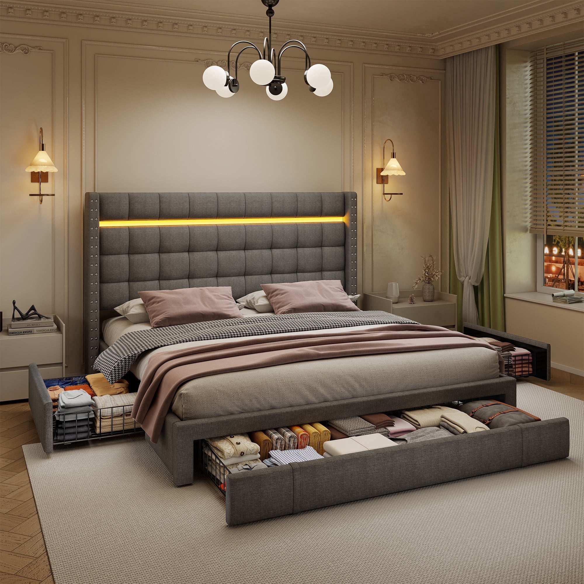 Queen Size Bed Frame with 3 Storage Drawers & LED Light Upholstered Bed Frame with Adjustable Headboard,Gray
