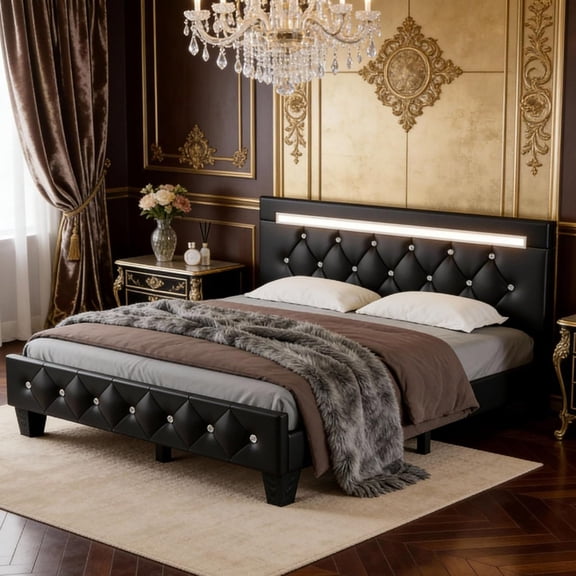 Queen Size Bed Frame with LED Light and Charging Station, Faux Leather Upholstered Platform Bed with Handcrafted Crystal Button Adjustable Headboard