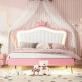 thumbnail image 1 of Queen Size Bed Frame with LED Lights,Modern Upholstered Princess Bed Frame with Crown Headboard Princess for Girls,81.1"x64.2"x55.1",Pink, 1 of 8