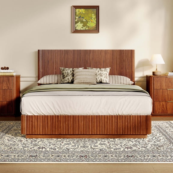 Queen Size Bed Frame with LED Lights, Modern Wooden Corrugated Curved Lines, Convex Groove Board Design, Walnut,Ships 2 Pkgs