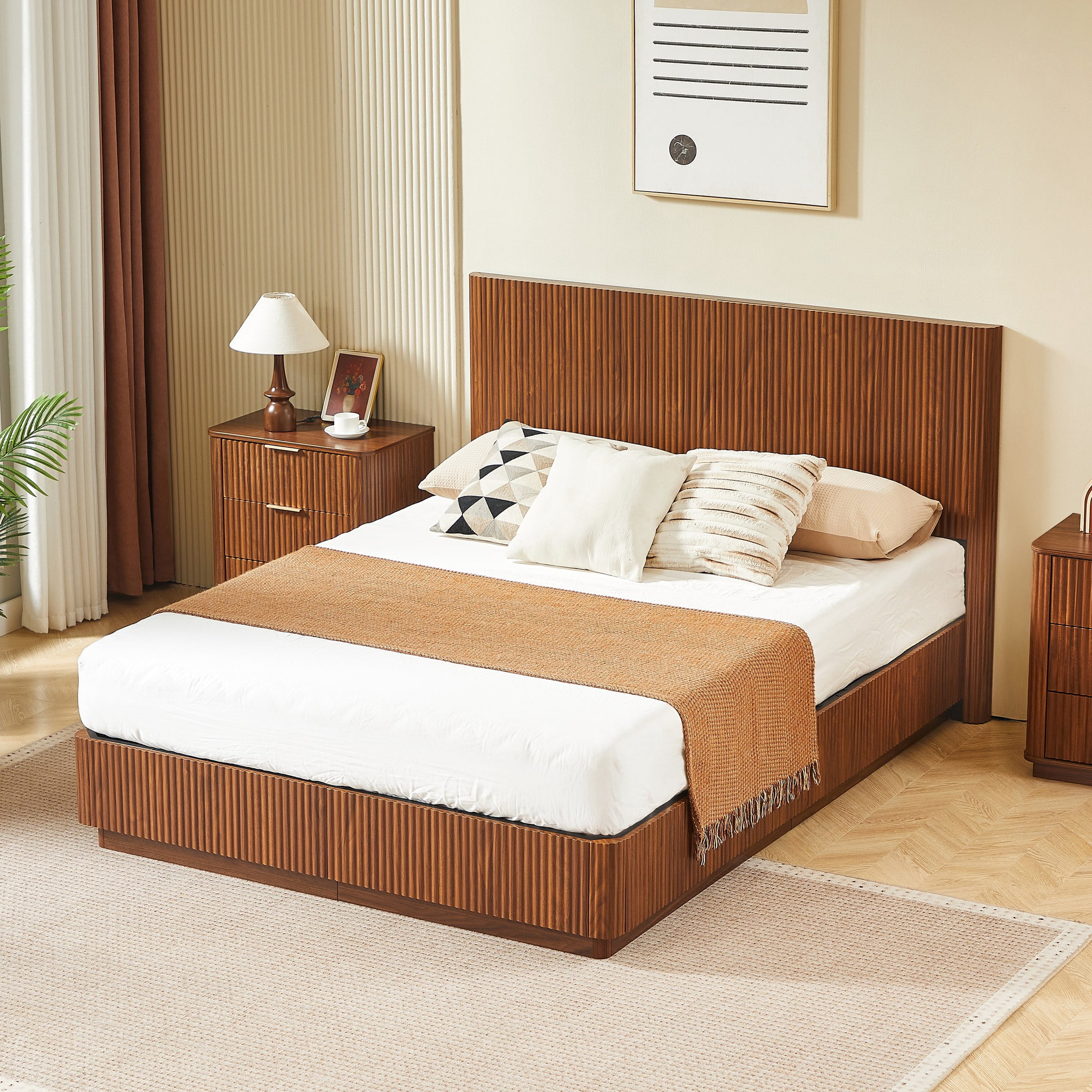 Queen Size Bed Frame with LED Lights, Modern Wooden Corrugated Curved Lines, Convex Groove Board Design