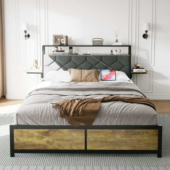 Queen Size Bed Frame with LED Lights, USB Port and Power Outlet, Metal Platform Bed with Upholstered Headboard and Bedside Shelf, Rustic Brown