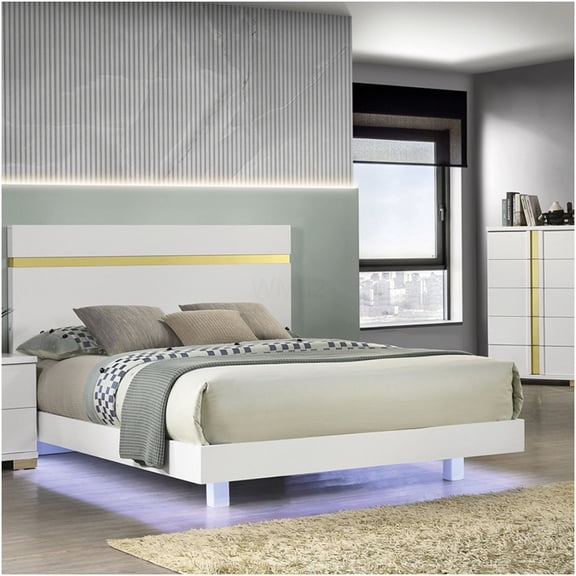 Queen Size Bed Frame with LED Lights, Upholstered Headboard and Storage, Modern Platform Bed Frame with Acrylic Trim, No Box Spring Needed