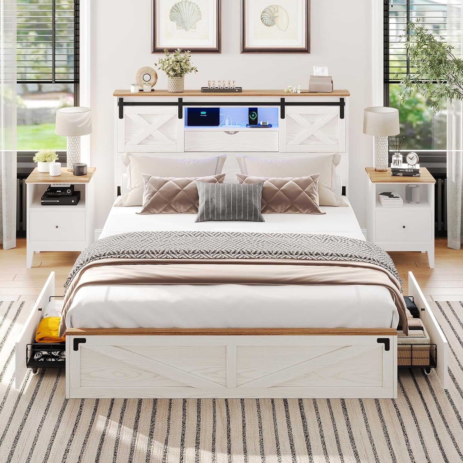 Queen Size Bed Frame with LED Lights and Charging Station, Farmhouse Storage Bed Frame with Headboard and Drawers, No Box Spring Needed, White