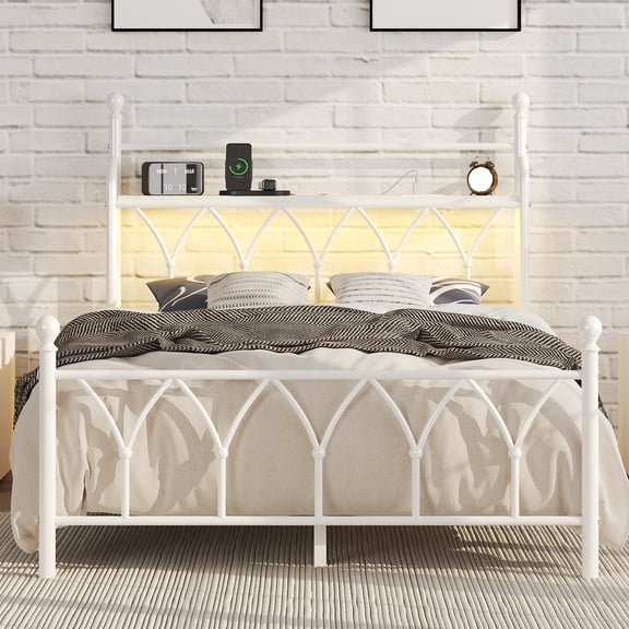 Queen Size Bed Frame with LED Storage Headboard & Charging Station, Metal Platform Bed, White