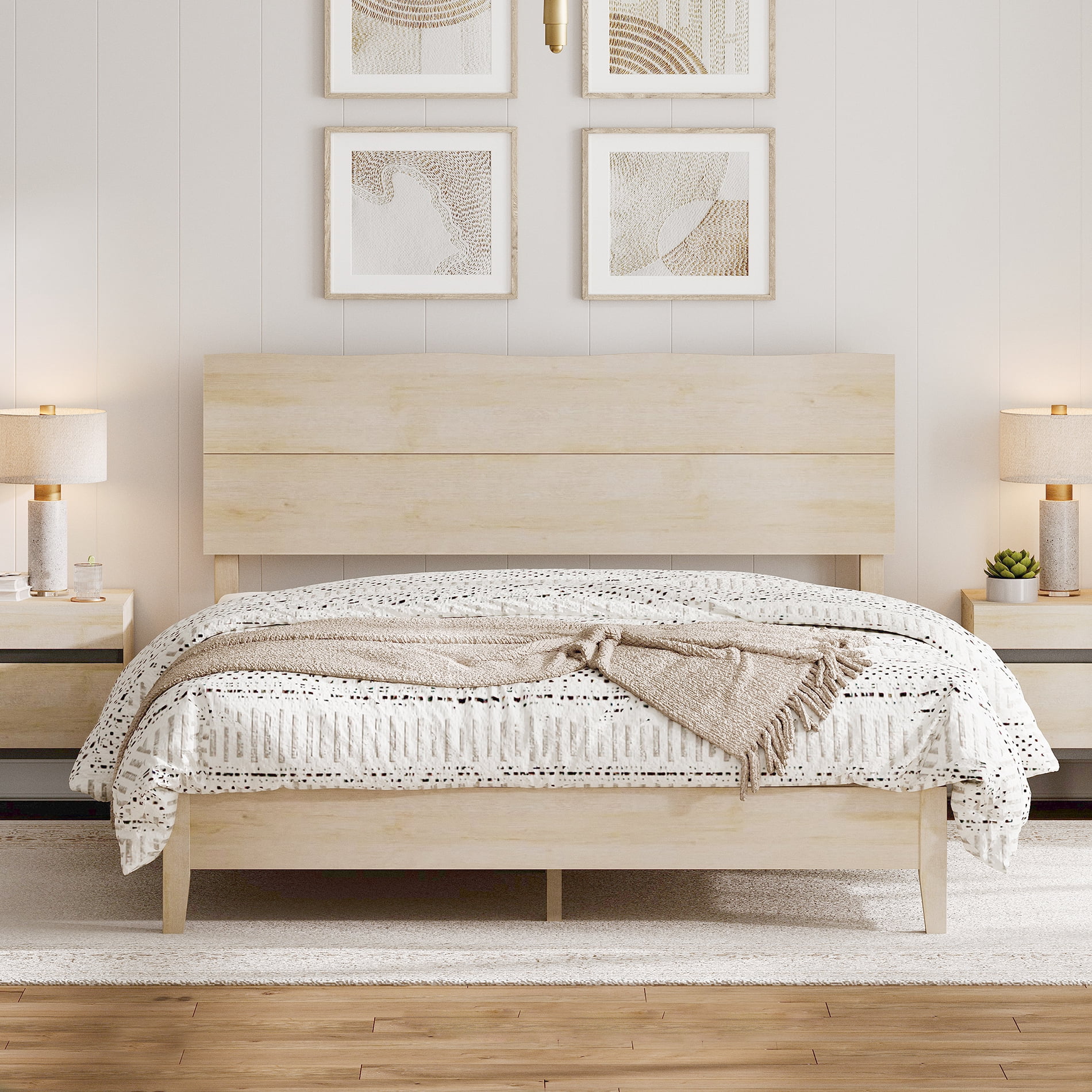 Queen Size Bed Frame with Minimalist Wave Headboard, Wooden Platform Bed Frame with Solid Wood Legs and Mid-Beam Support for Bedroom Furniture, Beige