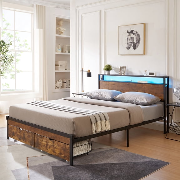 Queen Size Bed Frame with Remote LED & Drawers / Bedroom Storage and Lighting Upgrade