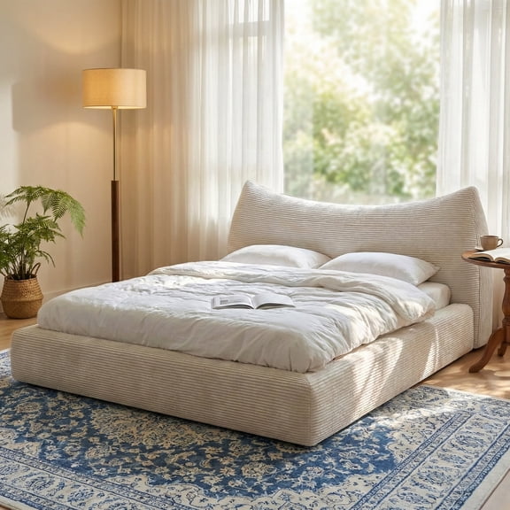 Queen Size Bed Frame with Removable Headboard & Soft Rounded Corners Cloud Bed Frame Boucle Bed,Beige