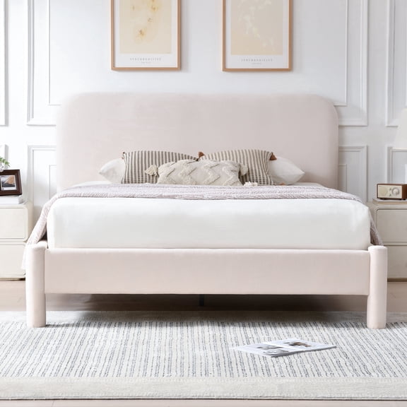VELOCAVA Queen Size Bed Frame with Rounded Headboard and Soft Curved Design, Beige